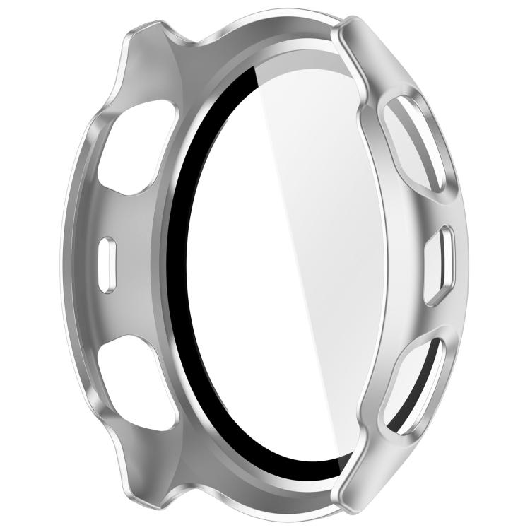 Angled view of a silver PC watch case with integrated screen protector