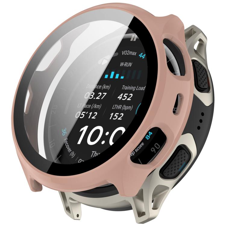 Pink protective case with integrated screen cover fitted on a round sports watch
