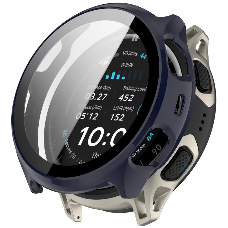 Dark blue protective case with integrated screen cover fitted on a round sports watch
