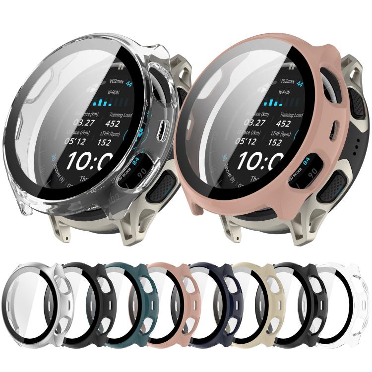 Integrated screen protector cases shown in multiple colors, including clear, silver, black, and pink