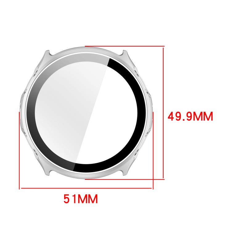 Silver integrated screen protector watch case with dimensions of 51 by 49.9 mm