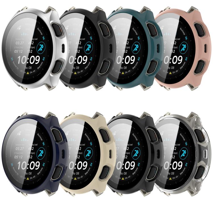 Round sports watch shown with integrated protective cases in eight color options