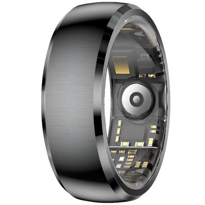 Black smart ring shown at an angle, revealing its inner sensors and circuitry.
