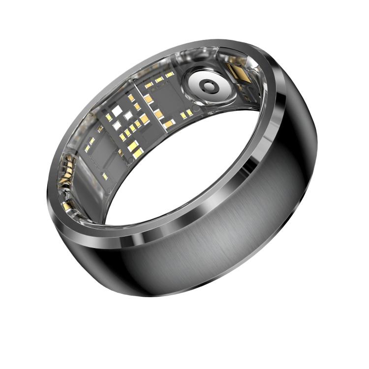 Black smart ring shown from the opposite angle, revealing inner sensors