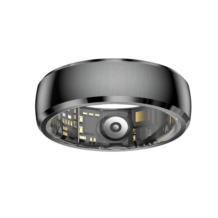 Black smart ring with a wide brushed band and visible inner sensor