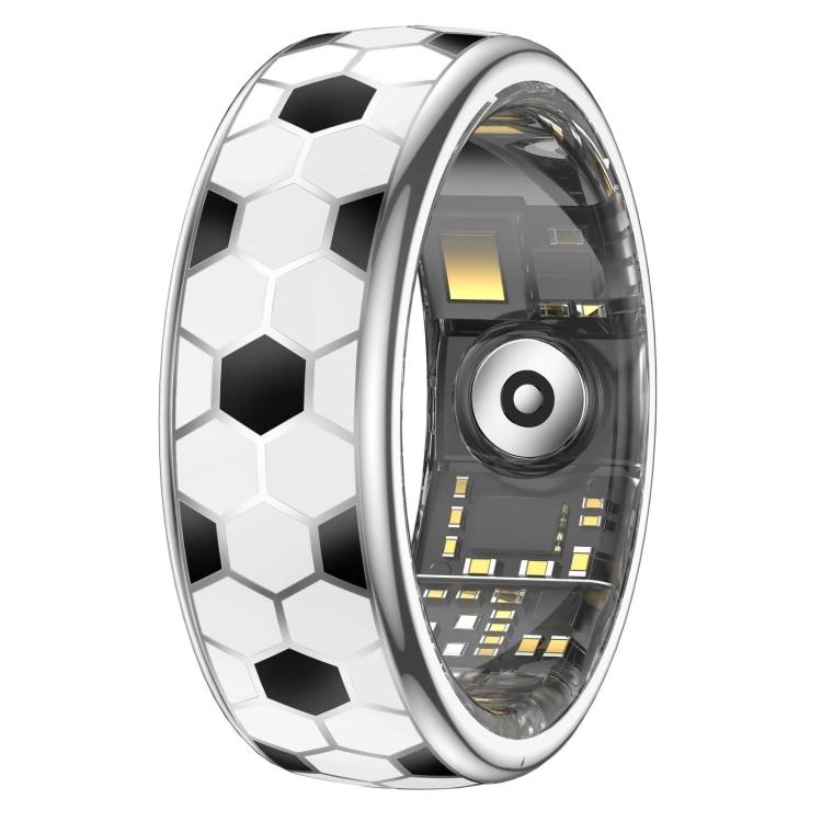Smart ring with a black-and-white soccer ball pattern and visible inner sensors.