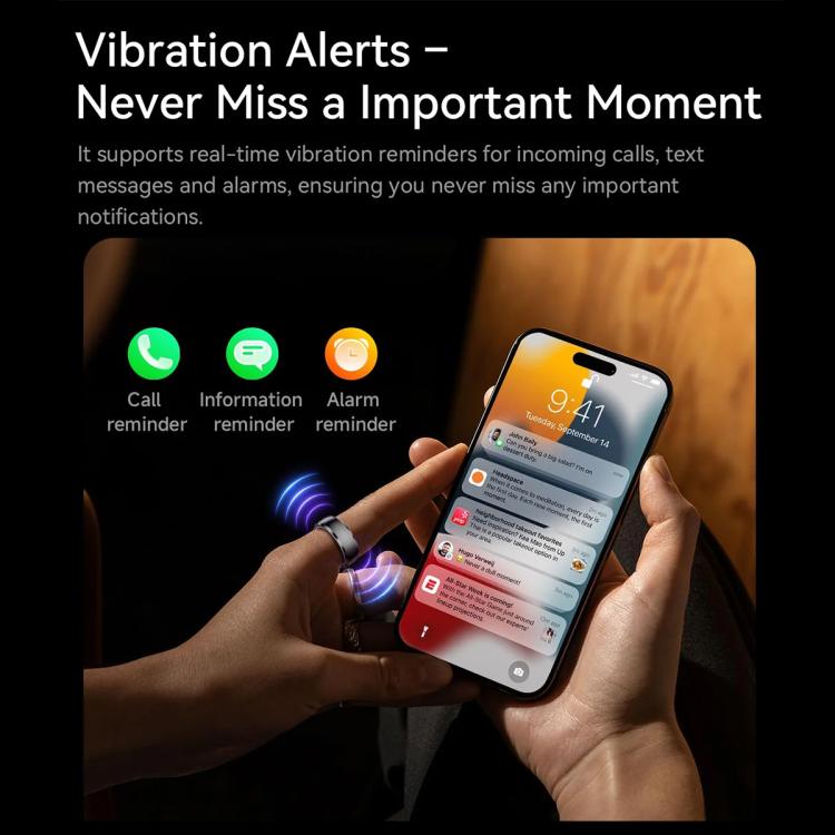 Smart ring worn during phone notifications, illustrating call, message, and alarm vibration alerts