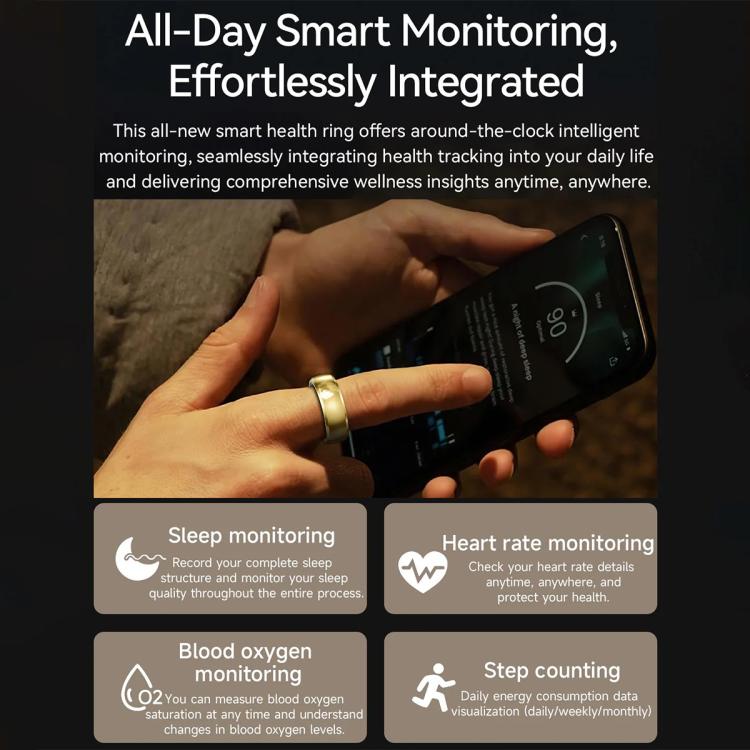 Gold smart ring worn while using a phone, illustrating health monitoring features