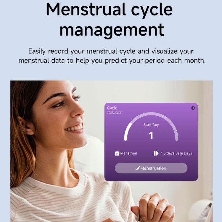 Smart ring menstrual cycle tracking feature graphic with a period calendar app display.