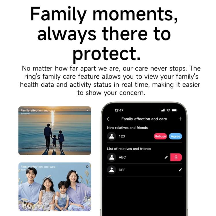 Smart ring family health sharing feature graphic with a family care app display.