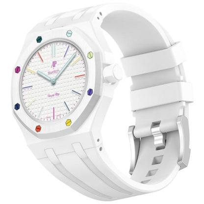 White silicone watch band with an integrated stainless steel pin buckle, fitted on a white watch.