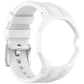 Reverse of white silicone watch band showing adjustment holes and metal pin buckle