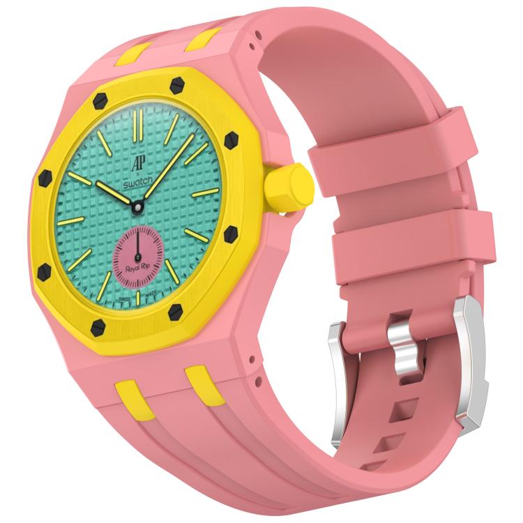 Pink silicone watch band with yellow accents and matching watch case
