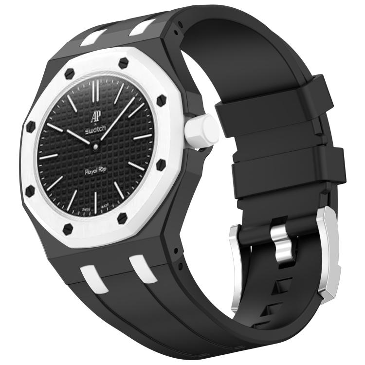 Black silicone watch band with white accents and matching watch case