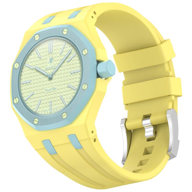 Yellow silicone watch band with light blue accents and matching watch case