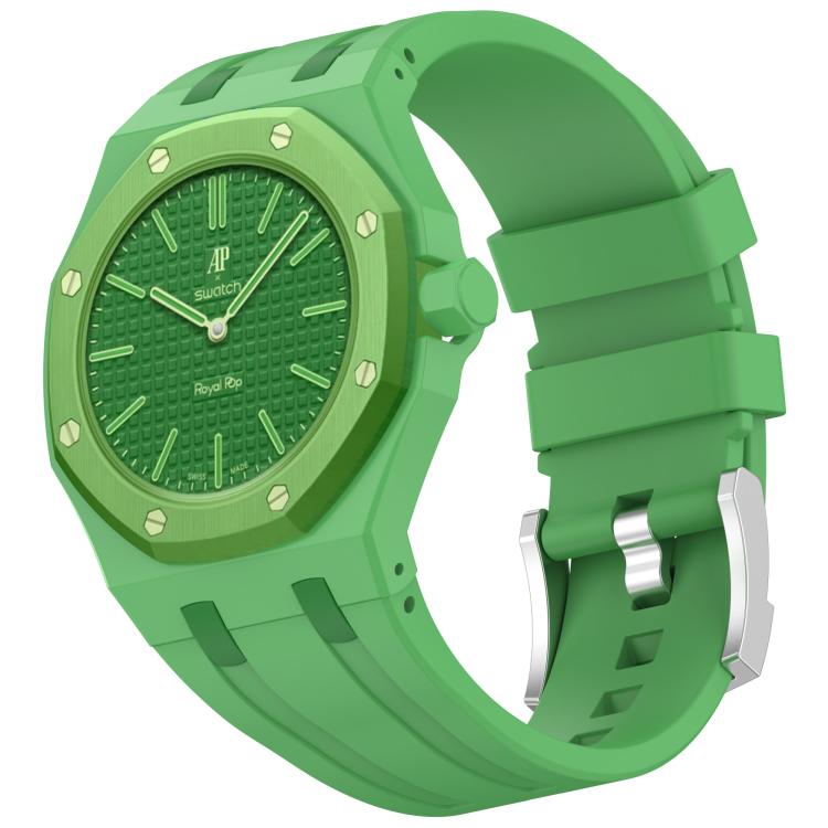 Green silicone watch band with matching watch case and dial