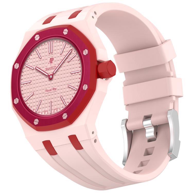 Light pink silicone watch band with red accents and matching watch case