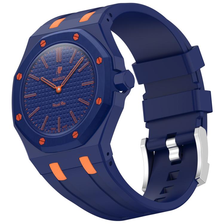 Dark blue silicone watch band with orange accents and matching watch case