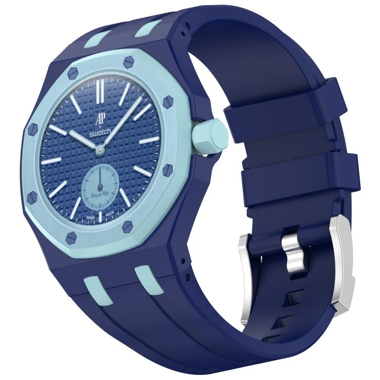 Dark blue silicone watch band with light blue accents and matching watch case