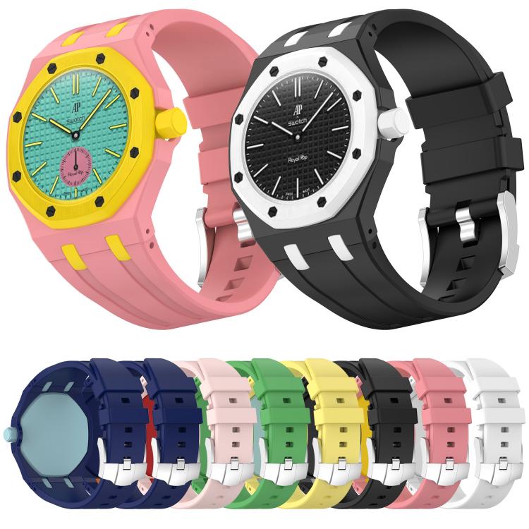 Pink and yellow, and black and white silicone watch bands with stainless steel pin buckles.