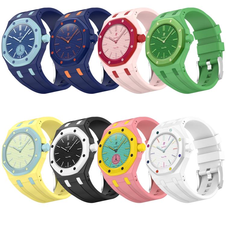 Colorful silicone watch bands with integrated pin buckles, shown fitted on watches in eight color combinations.