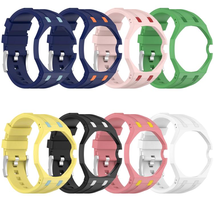 Eight silicone watch bands shown from the buckle side in assorted solid and two-tone colors.