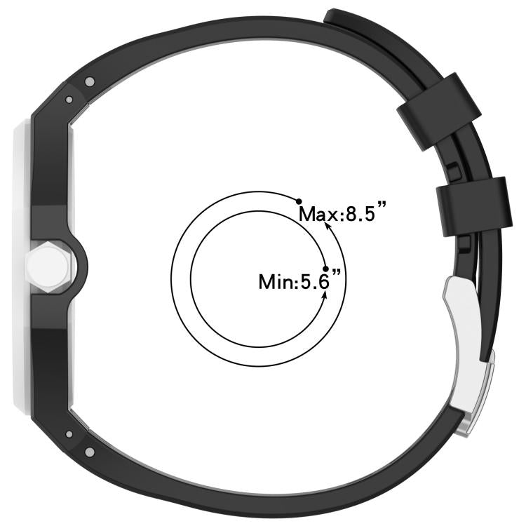 Black silicone watch band with stainless steel pin buckle and adjustable fit from 5.6 to 8.5 inches.