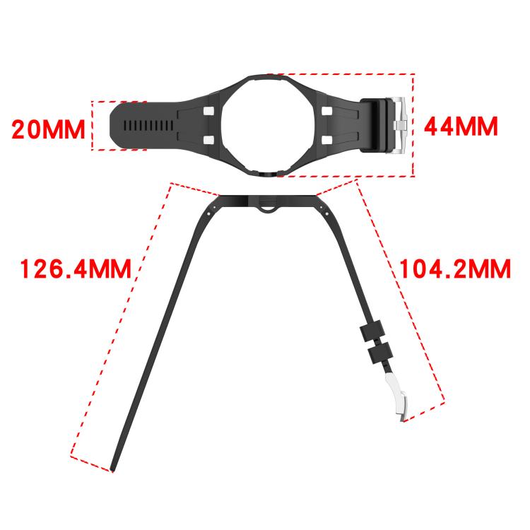 Black silicone watch band with stainless steel buckle; dimensions show 20 mm width and 44 mm watch fit.