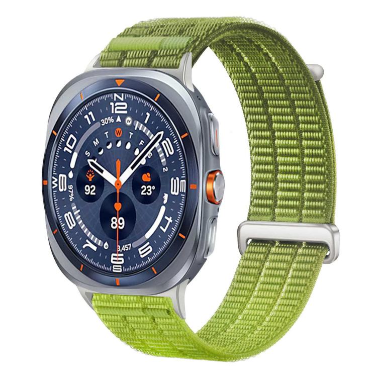 Nylon watch band with olive and lime green sections and a metal loop.