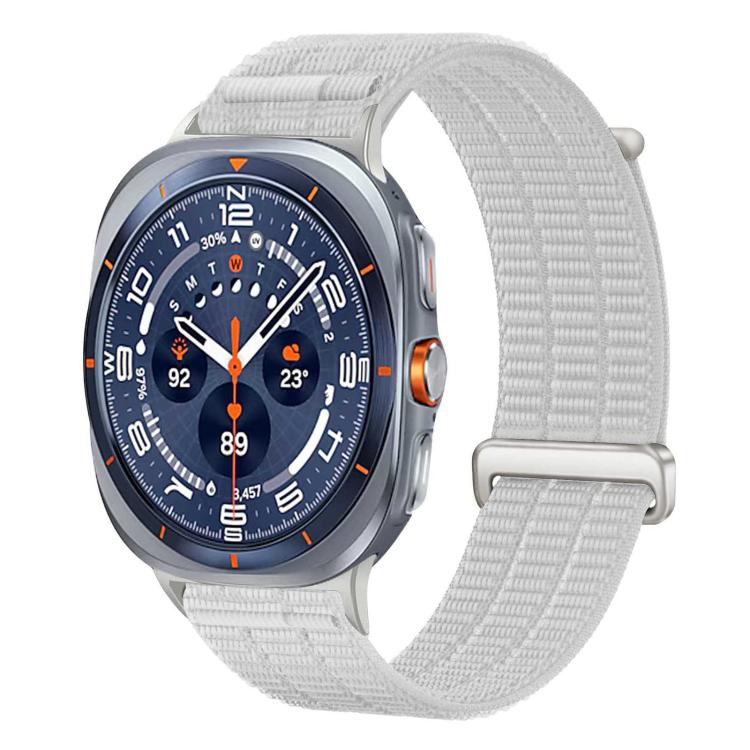 Light gray woven nylon watch band with metal slider, shown on a smartwatch