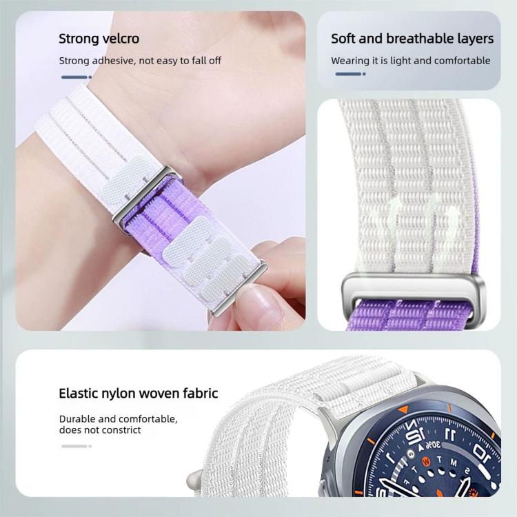 Woven nylon watch band with hook-and-loop closure and metal slider, shown in white and purple