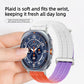 Woven nylon watch band on a smartwatch, with white, orange, and purple sections