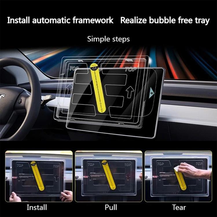 Car navigation screen protector film with installation tray and bubble-free setup guides