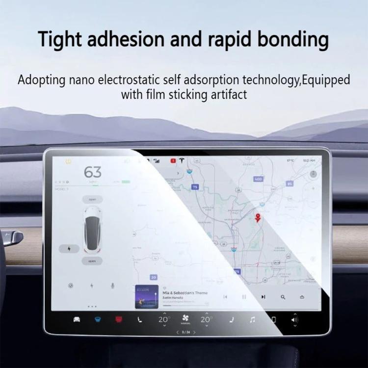Clear tempered glass film adhered to car navigation screen for a smooth, secure fit