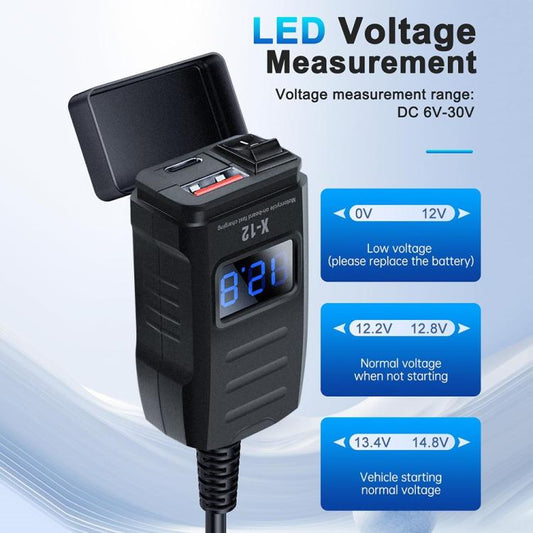 X-12 USB-A and Type-C Ports LED Voltage Display Motorcycle Handlebar Adapter Charger