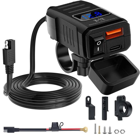 X-12 USB-A and Type-C Ports LED Voltage Display Motorcycle Handlebar Adapter Charger