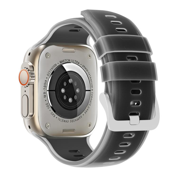 Dark gray silicone watch band with clear edges, shown on the back of a smartwatch