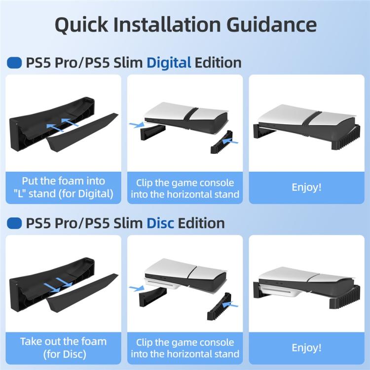 Black PS5 cooling base kit with foam pads and installation guide parts