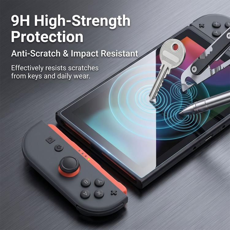 Tempered glass screen protector on black handheld console with orange controls