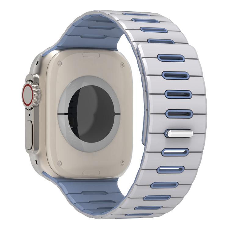 Light gray and blue silicone watch band with magnetic clasp, shown from the watch back