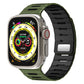 Two-tone silicone watch band in army green and black on a smartwatch