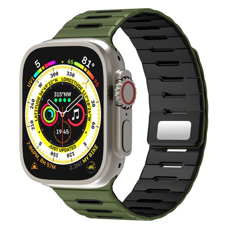 Two-tone silicone watch band in army green and black on a smartwatch