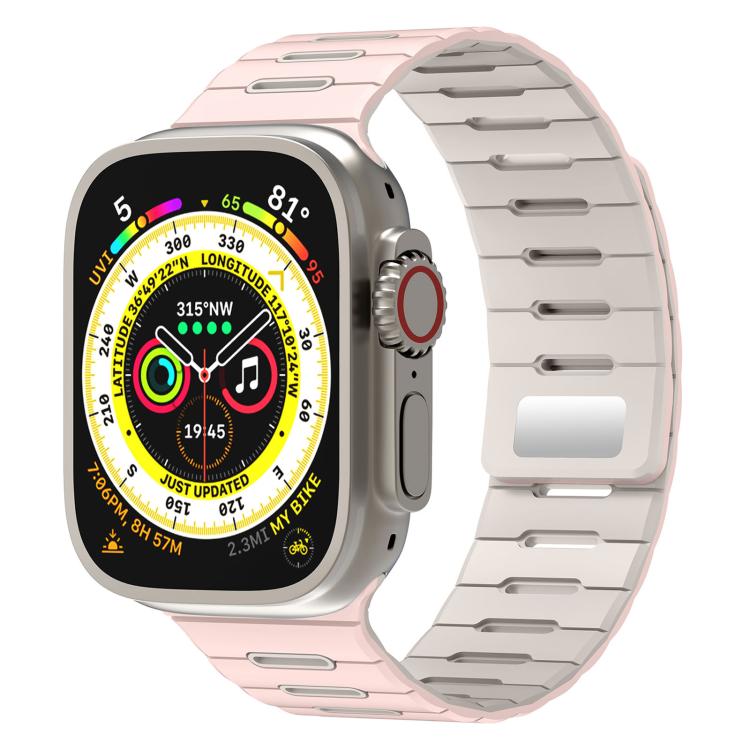 Two-tone silicone watch band in pink and starlight on a smartwatch