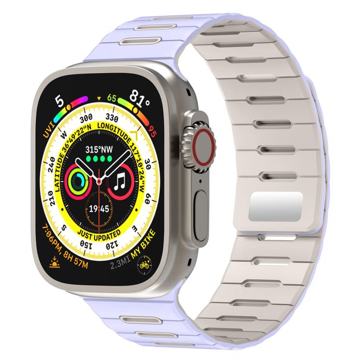 Two-tone silicone Apple Watch band with pale lavender outer links and light gray inner surface
