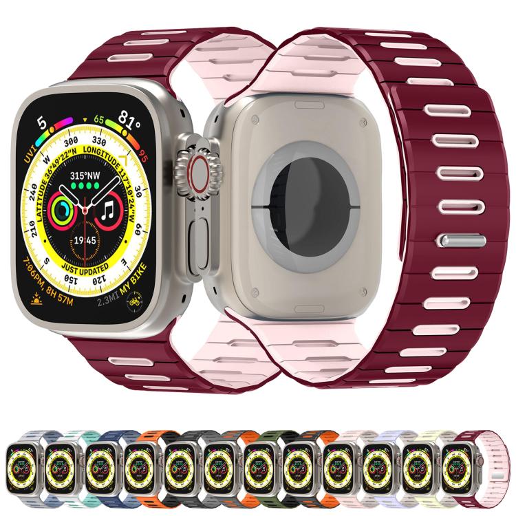 Burgundy and pale pink silicone Apple Watch band shown attached to a watch, front and back views