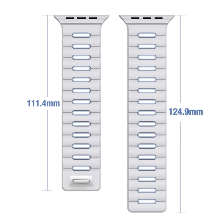Two-piece silicone Apple Watch band shown flat, with 111.4 mm and 124.9 mm length labels