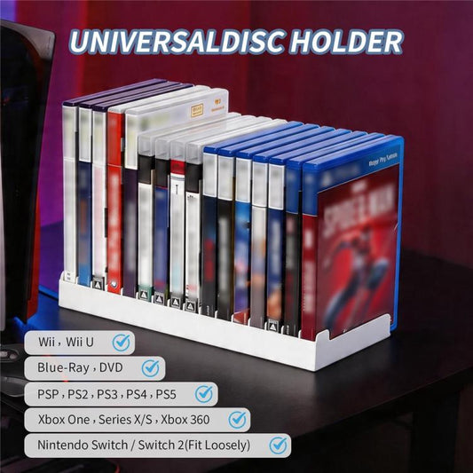 Universal disc holder with white rack and mixed blue, red, and dark game cases