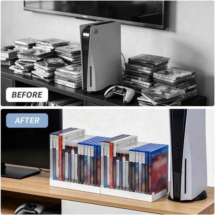Universal disc storage holder organizing game cases in a two-row rack