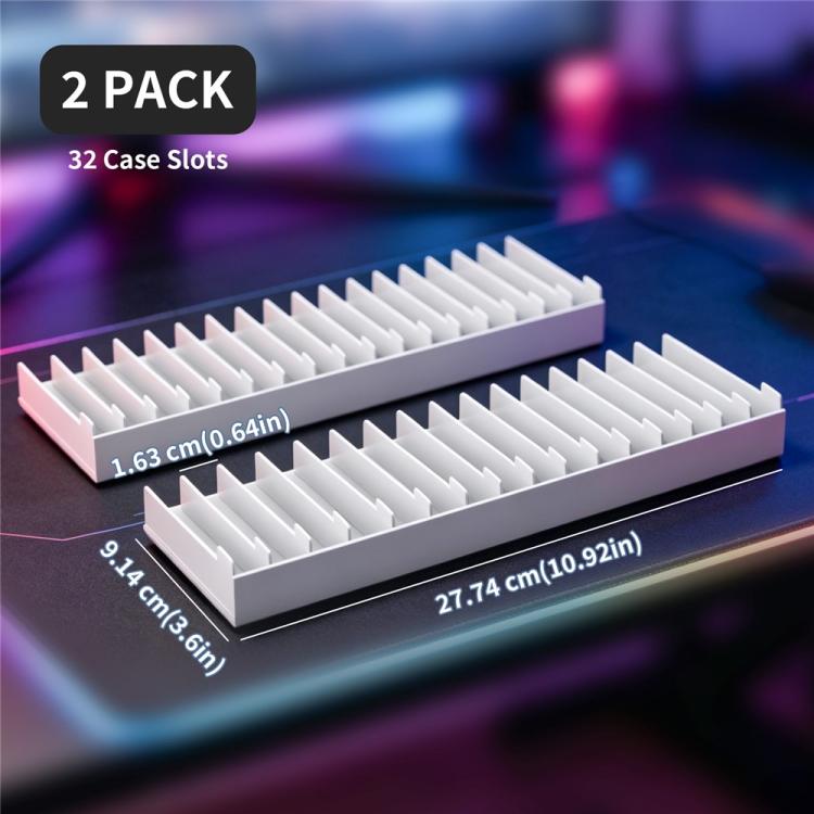 White 2-pack disc holder with 32 case slots and labeled size dimensions