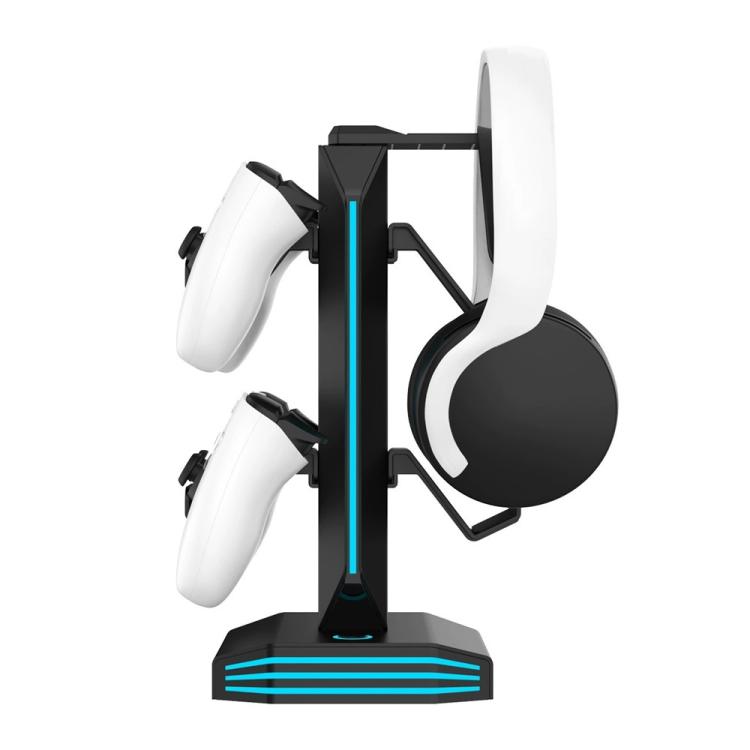 Black controller and headphone stand with blue RGB lighting strips